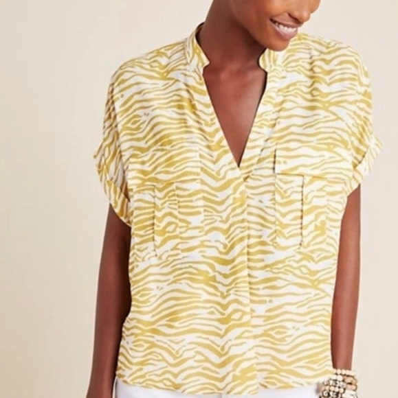 MAEVE ANTHROPOLOGIE Animal Print Button-up Blouse White Yellow Women XS - Picture 1 of 10